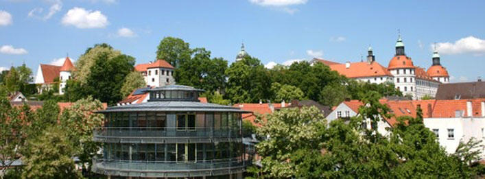 Bücherturm Neuburg an der Donau mit Schlossblick